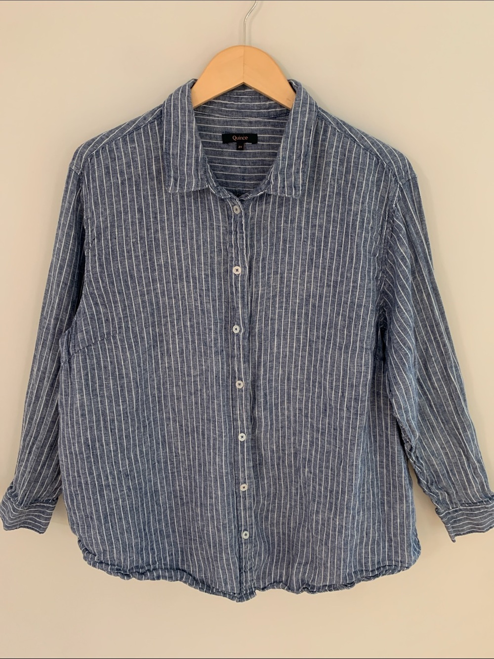 Quince 100% European Linen Long Sleeve Shirt Chambray Stripe 2X Blue Button Up